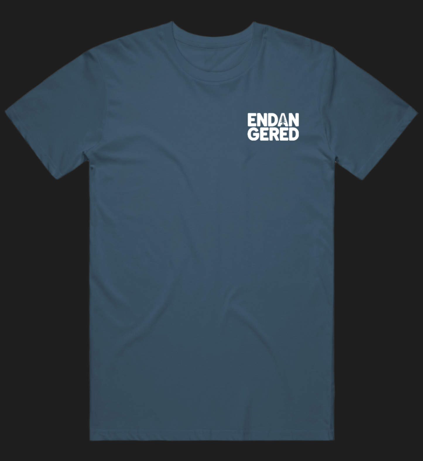 Navy blue t-shirt with white text on a white background