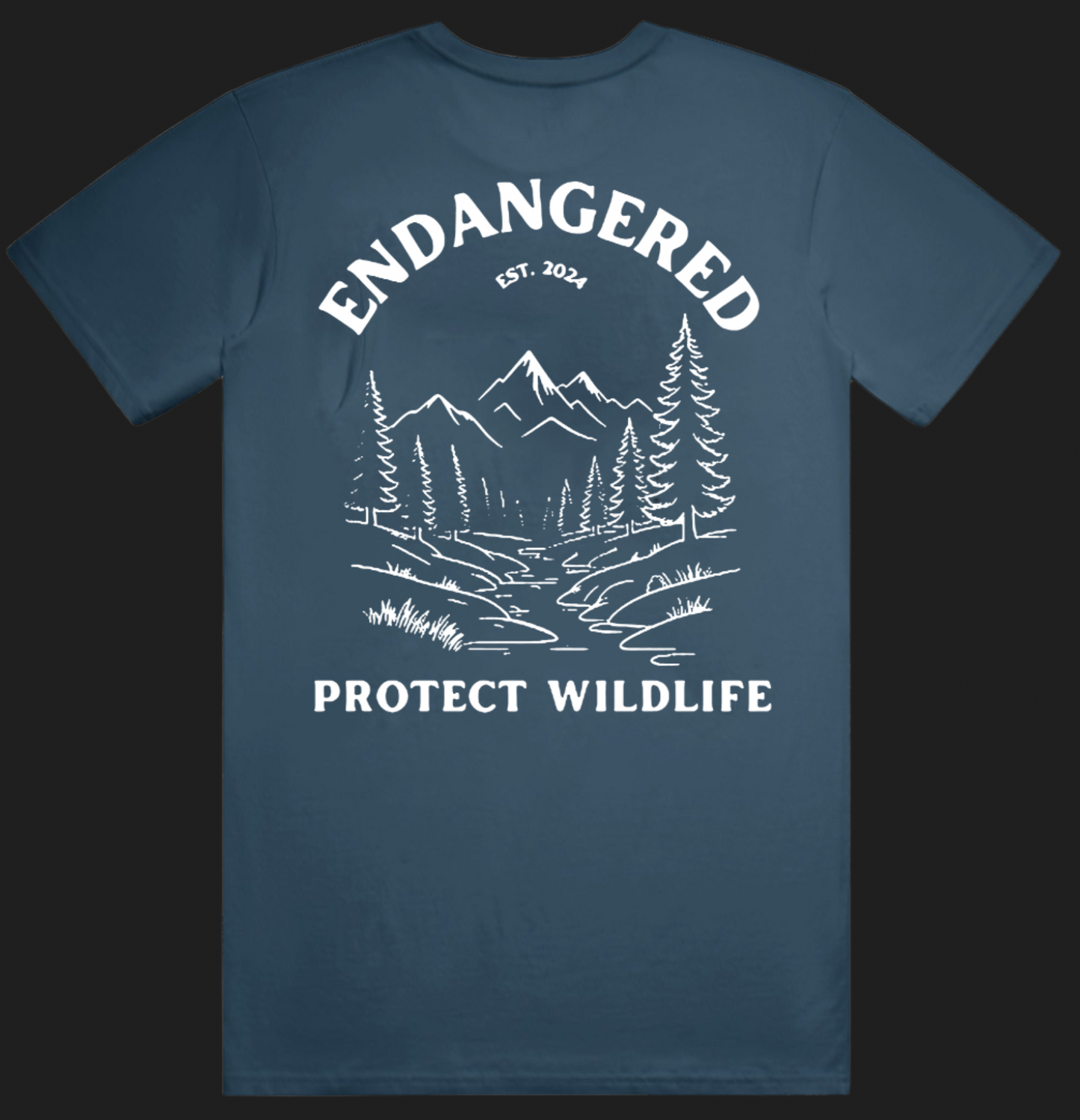 Navy blue t-shirt with white graphic design and text on a white background