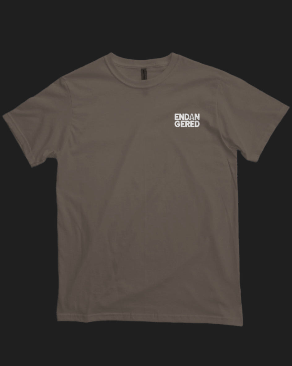 Brown t-shirt with white text on a white background