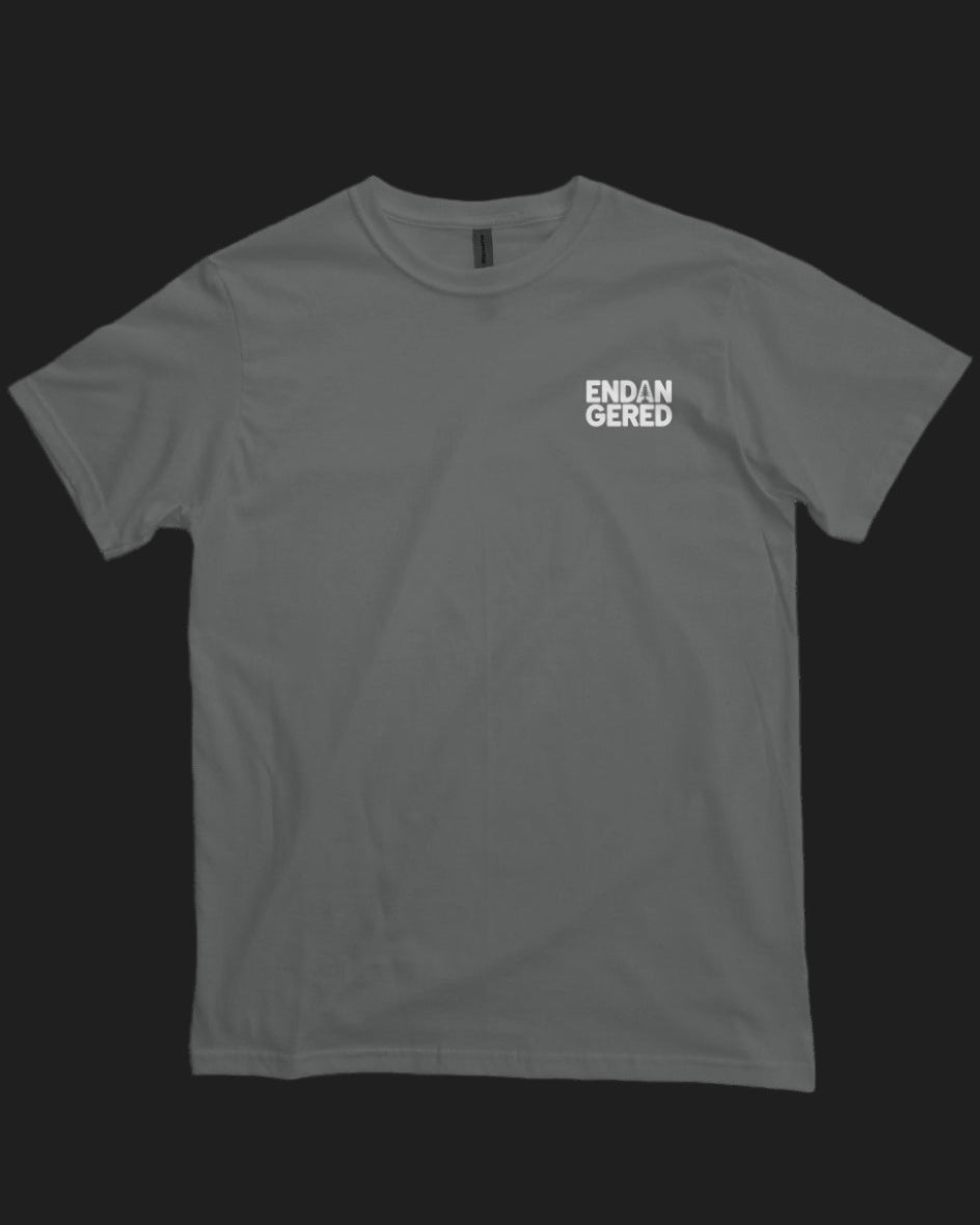 Gray t-shirt with 'ENDAN GERED' text on a black background
