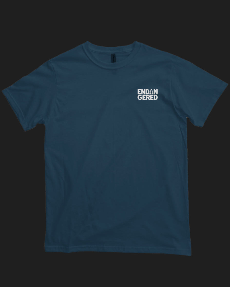 Navy blue t-shirt with white text on a white background