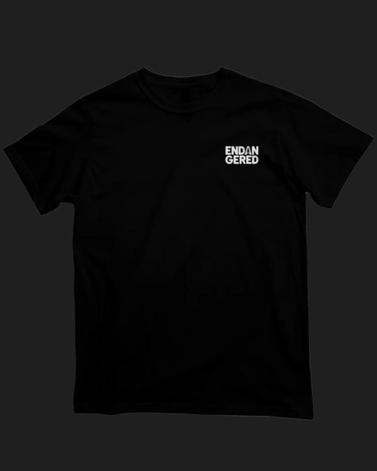Black t-shirt with 'ENDANGERED' text on a black background