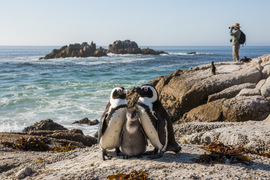 African penguins with a chick on a rocky shore inspire wildlife conservation and eco-friendly lifestyle choices