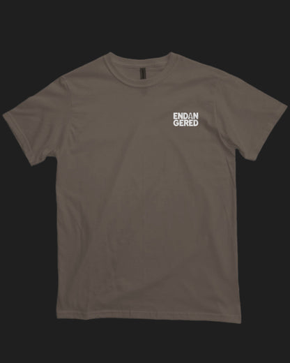 Brown t-shirt with white text on a white background