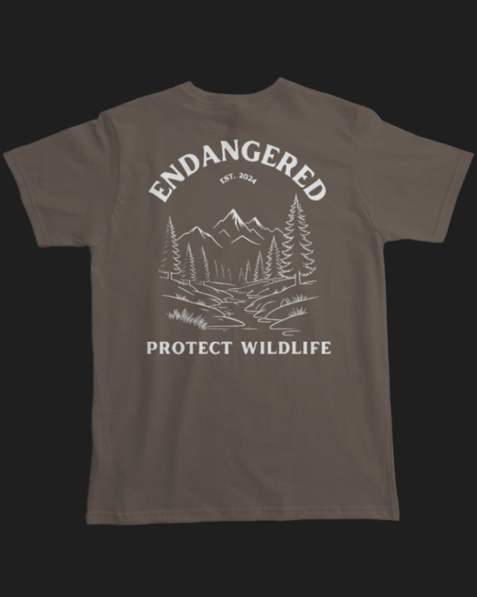Brown t-shirt with white graphic and text 'Endangered Protect Wildlife' on a white background