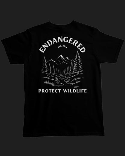 Black t-shirt with white graphic design and text on a white background