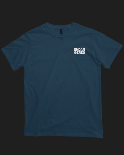 Navy blue t-shirt with white text on a white background