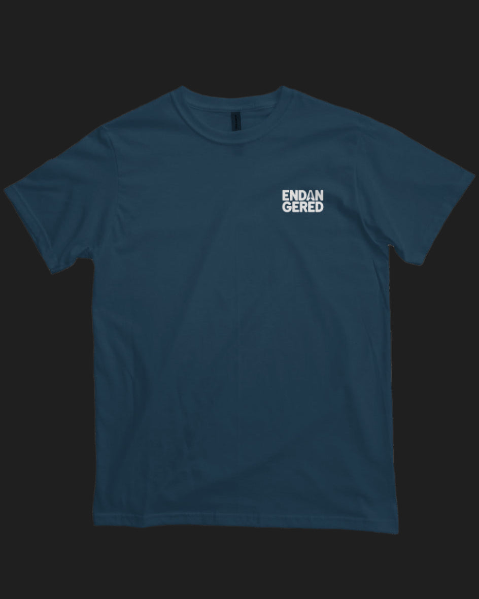Blue t-shirt with 'ENDANGERED' text on a black background