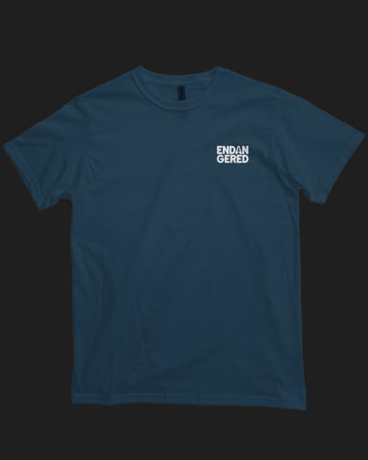 Blue t-shirt with 'ENDANGERED' text on a black background