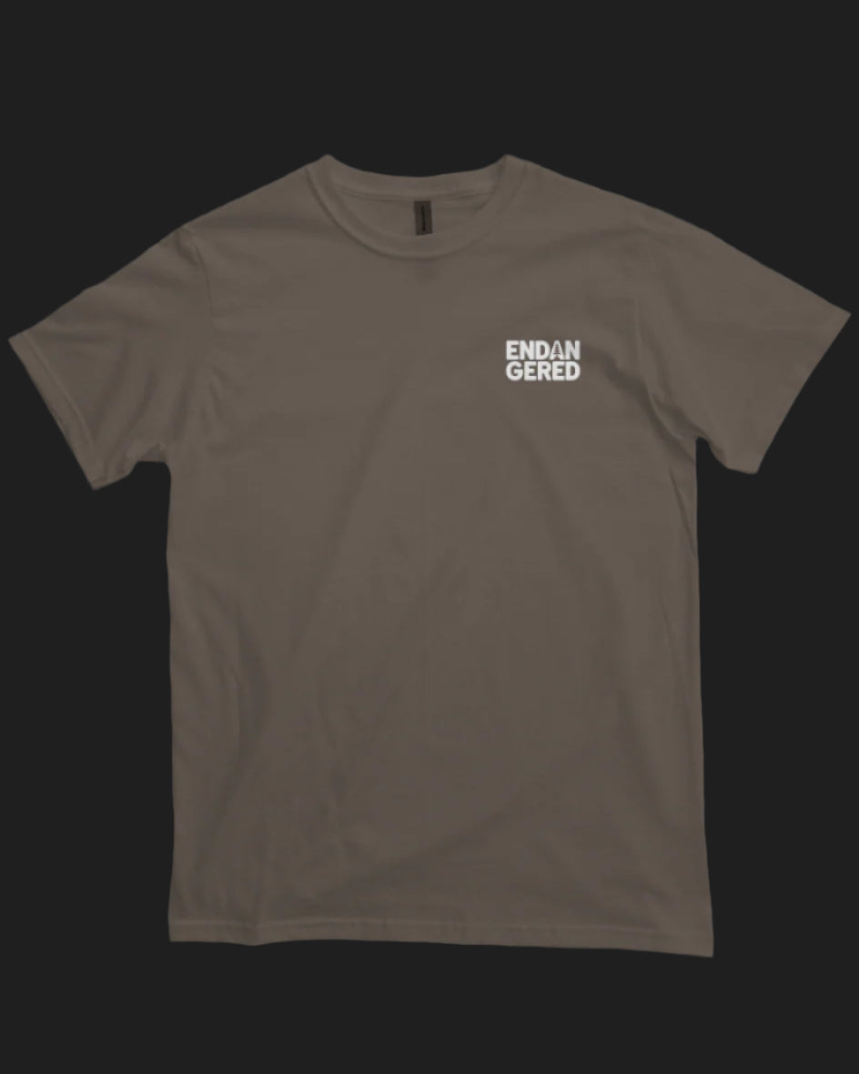 Brown t-shirt with white text on a white background