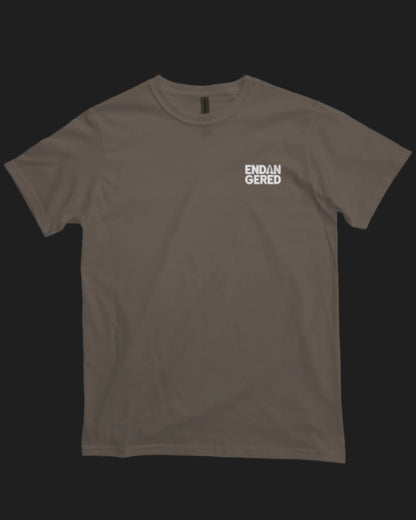 Brown t-shirt with white text on a white background
